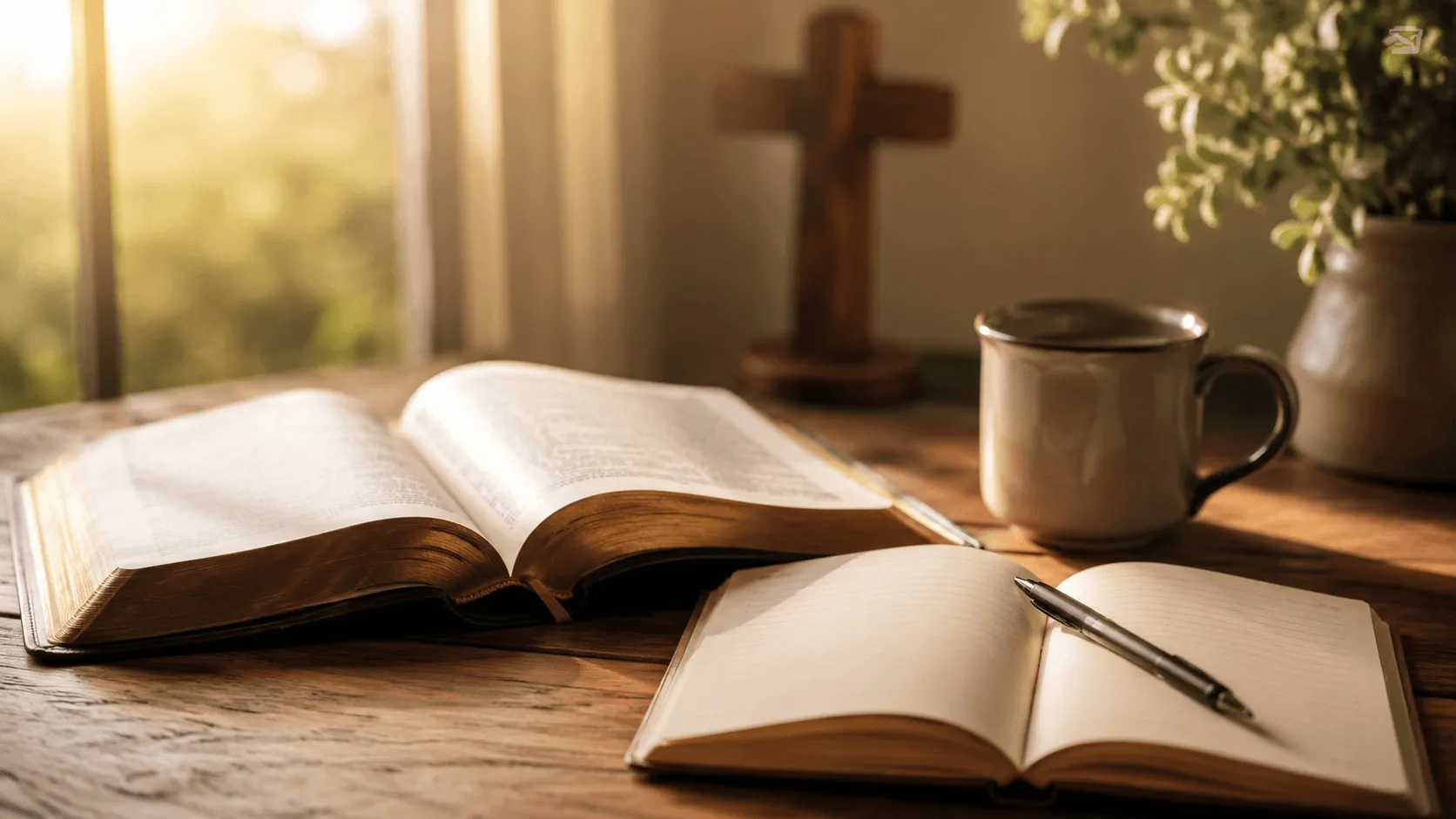 Open Bible and journal on a wooden table in warm morning light, representing Christian meditation, prayer, and quiet time with Jesus