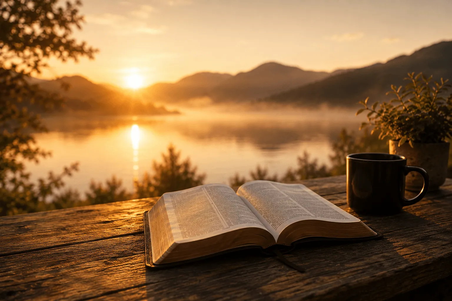 Open Bible on a wooden table at sunrise beside a peaceful lake, representing living in the now with Jesus
