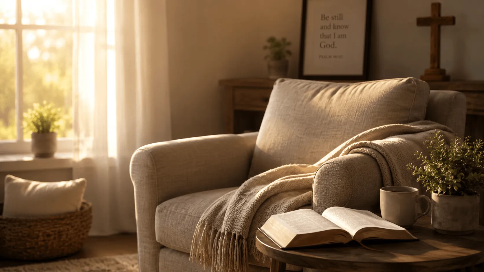 Open Bible beside a cozy chair in soft window light representing peace in the presence of God