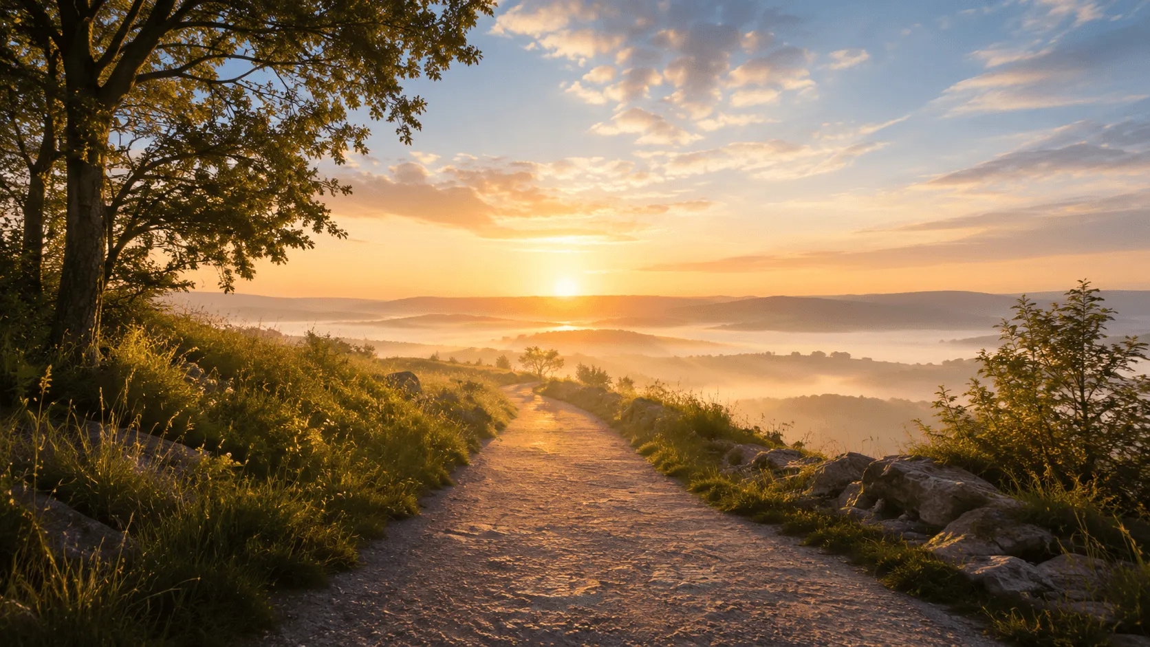 Sunrise path through peaceful countryside representing starting the journey with Jesus one step at a time